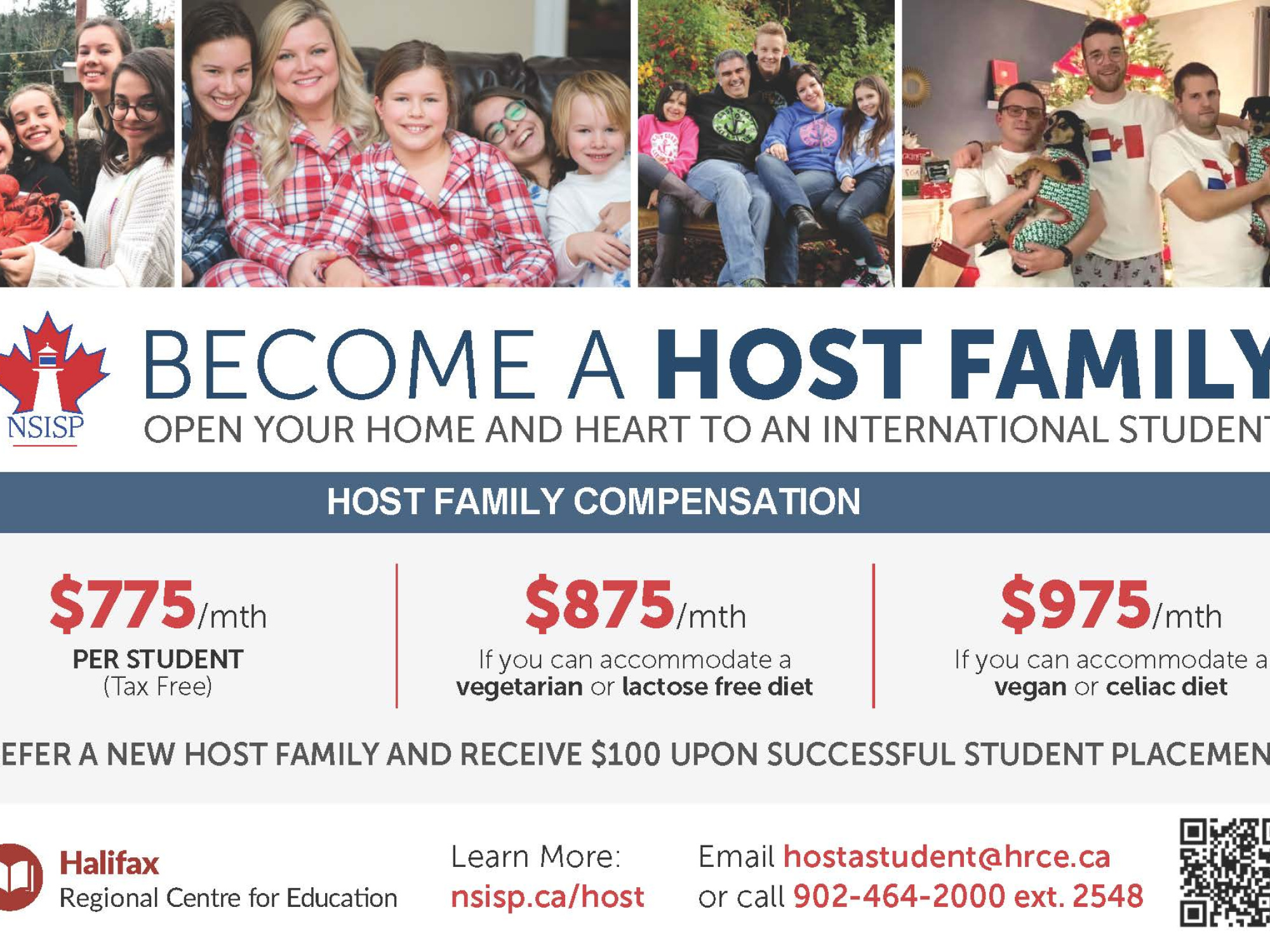 Postcard showing host family compensation options: $775 per month per student; $875 per month if you can accommodate a vegetarian or lactose-free diet; $975 per month if you can accommodate a vegan or celiac diet. Refer a new host family and receive $100 upon successful student placement.