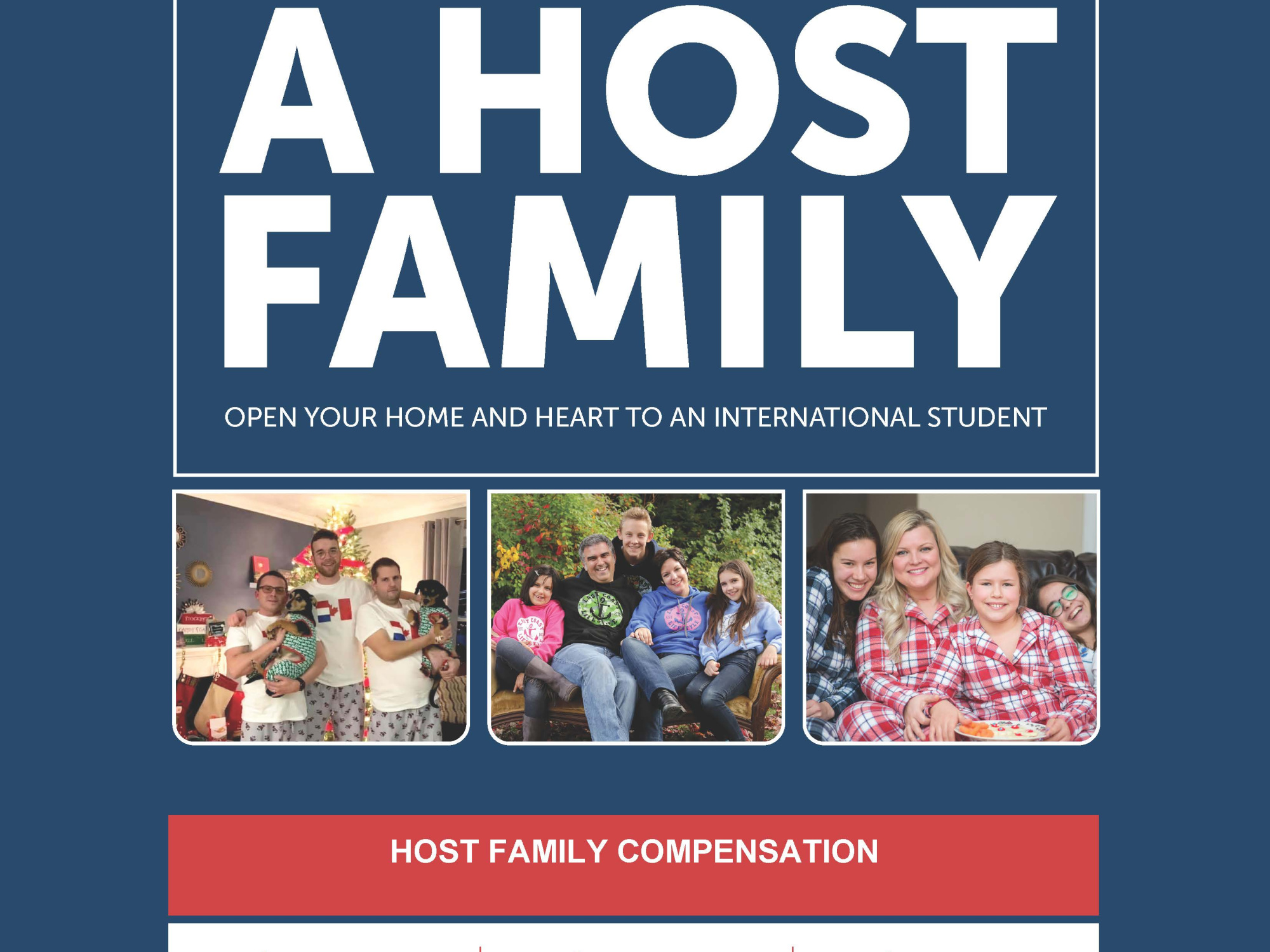 Poster showing host family compensation options: $775 per month per student; $875 per month if you can accommodate a vegetarian or lactose-free diet; $975 per month if you can accommodate a vegan or celiac diet. Refer a new host family and receive $100 upon successful student placement.