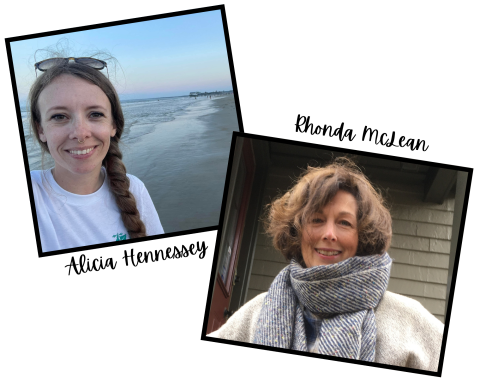 Photos of Alicia Hennessey (standing on beach with white t-shirt, sunglasses on head and long brown hair pulled back into a braid) and Rhonda McLean (short brown hair and wearing sweater and scarf).