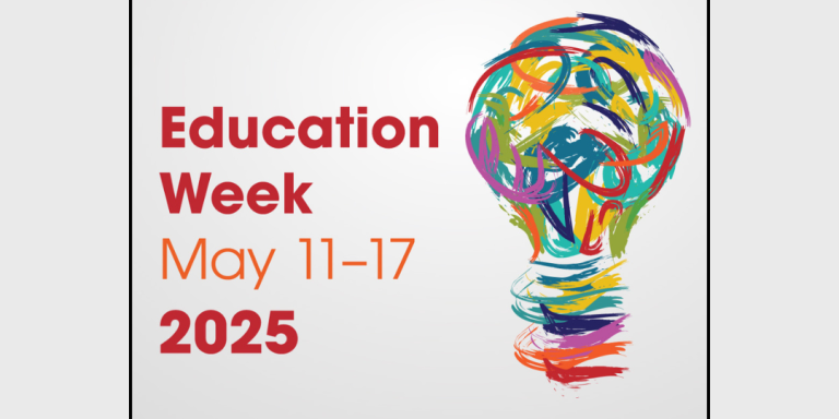 Education Week graphic, displaying theme, date (May 11-17, 2025) and an image of a light bulb.