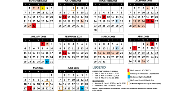 Screenshot of the 2025-26 school calendar